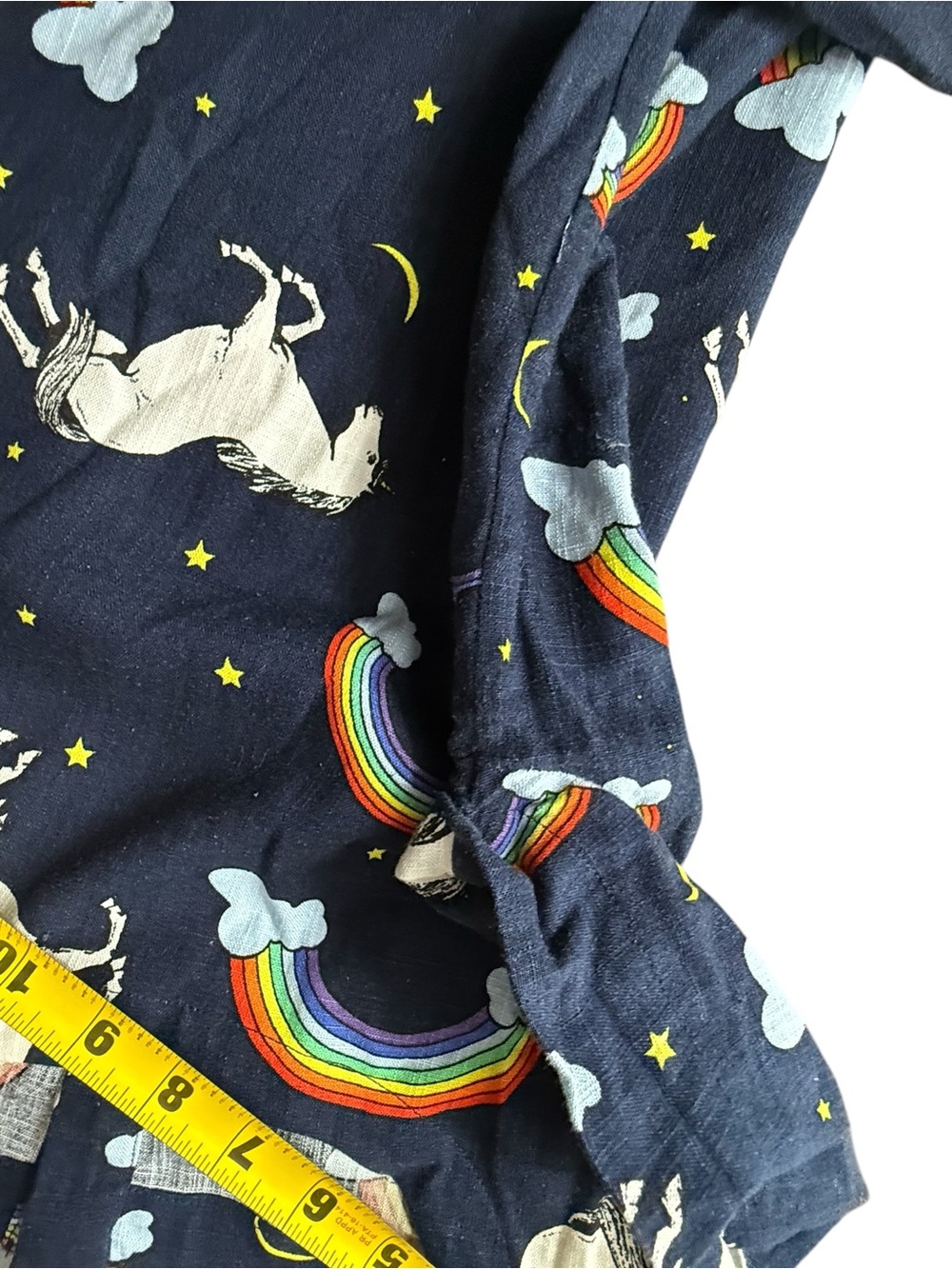 ModCloth Rainbow Unicorn Print Linen Blend Boxy Top Women’s Small Navy - Picture 9 of 13